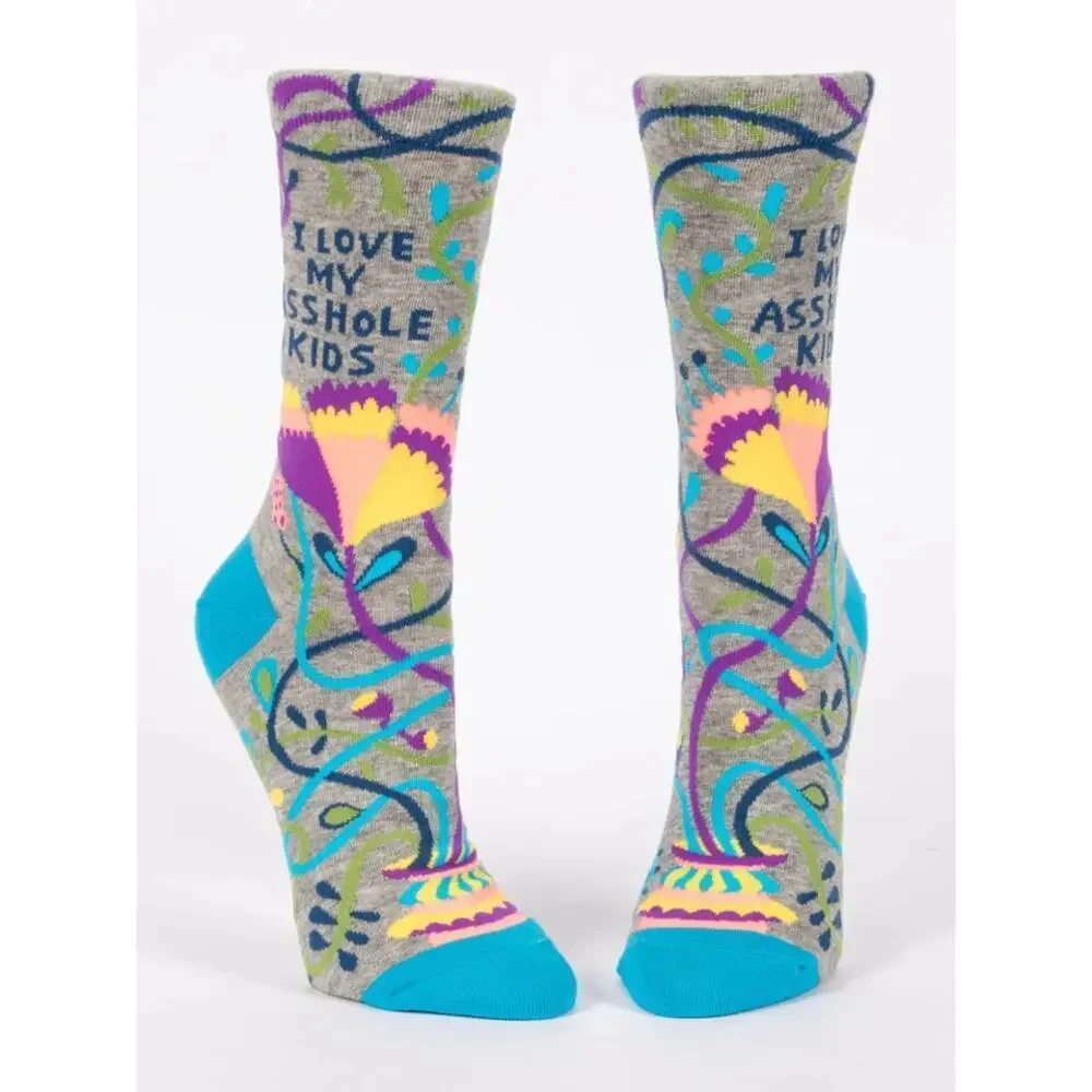 Blue Q Gray Floral 'I Love My A$$hole Kids' Women's Crew Socks with Teal Accents